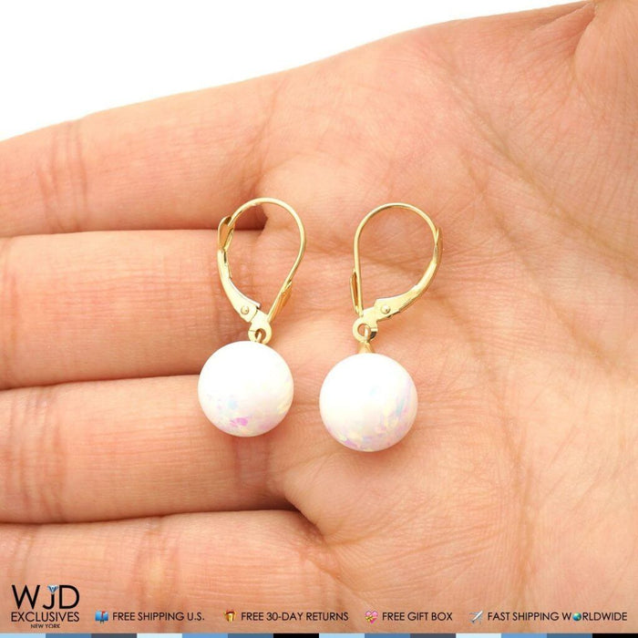 14K Yellow Gold Ball White Fire Opal Leverback Dangle Earrings 10mm