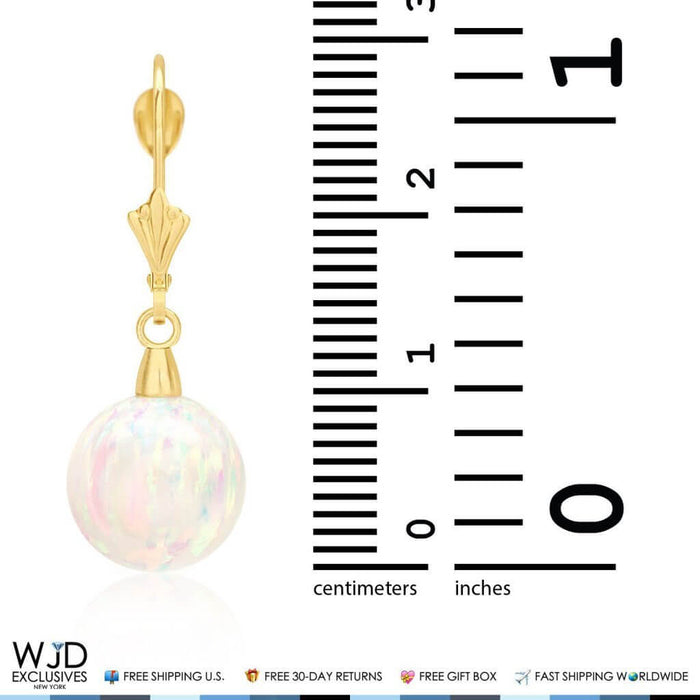 14K Yellow Gold Ball White Fire Opal Leverback Dangle Earrings 10mm