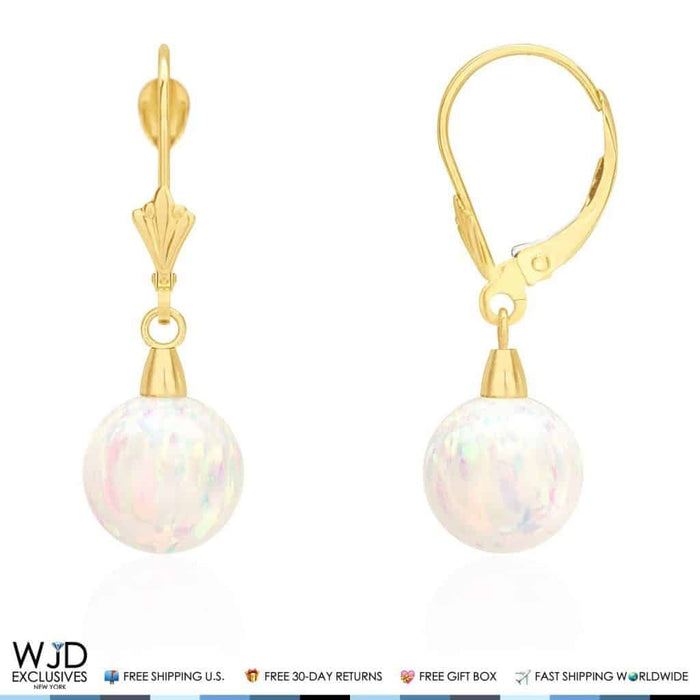 14K Yellow Gold Ball White Fire Opal Leverback Dangle Earrings 10mm