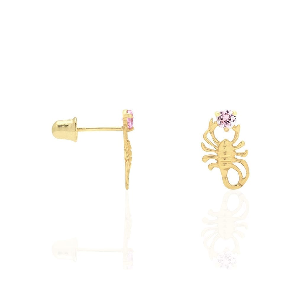 14K Yellow Gold Round Simulated Birthstone Scorpion Screw Back Stud Earrings