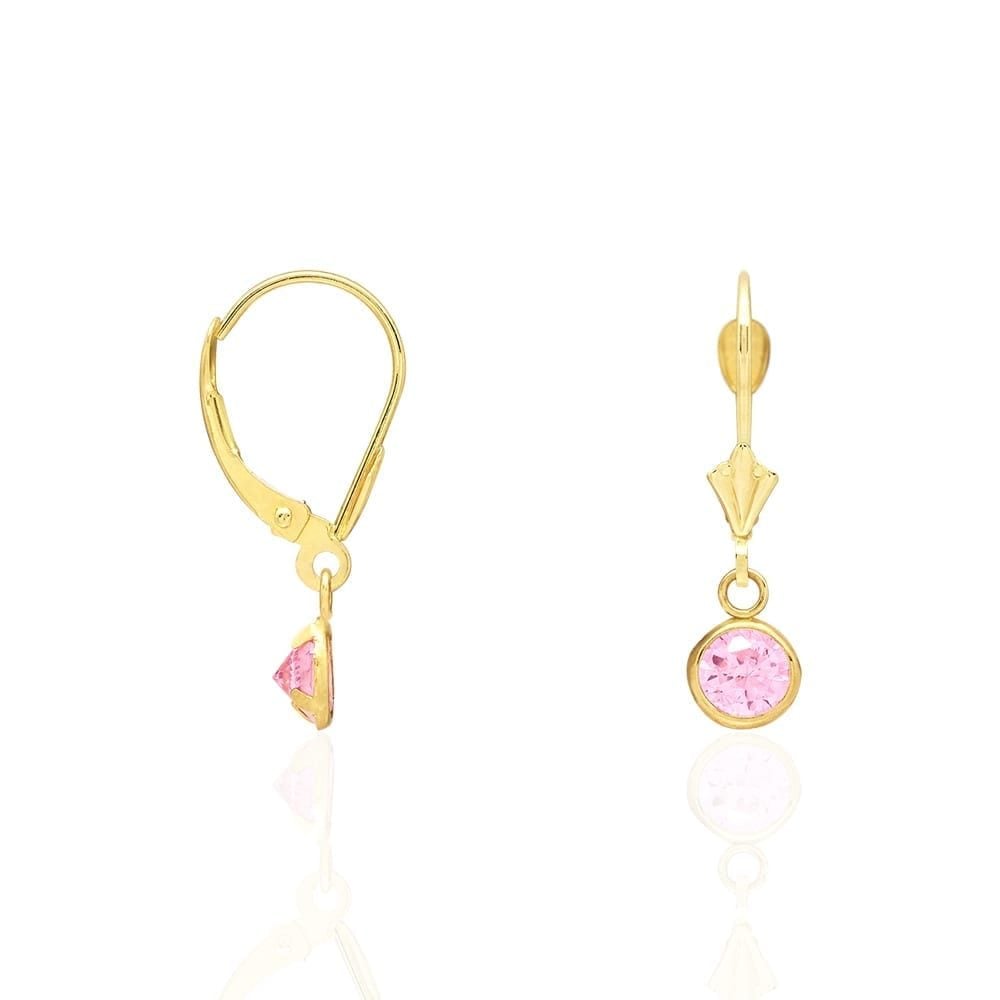 14k Yellow Gold Round Bezel Simulated Birthstone Drop Leverback Earrings
