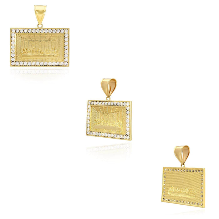 10K Yellow Gold CZ Religious Last Supper Rectangular Pendant 1.6"
