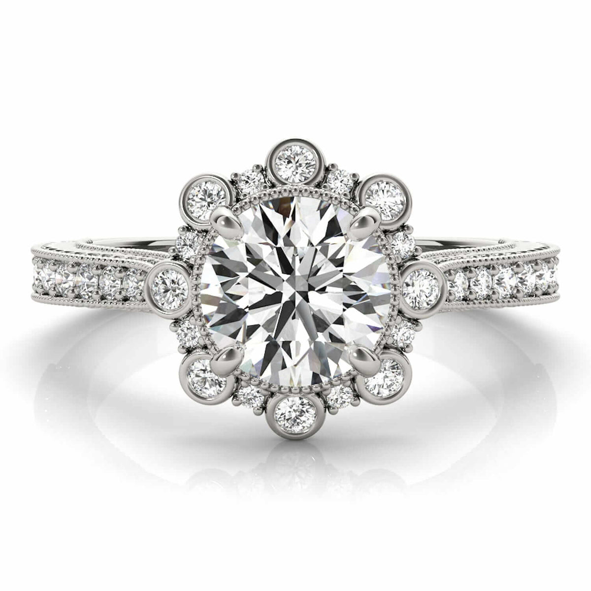 1.45CTW Lab-Grown Diamond 18K Gold White Starburst Floral Halo Engagement Ring