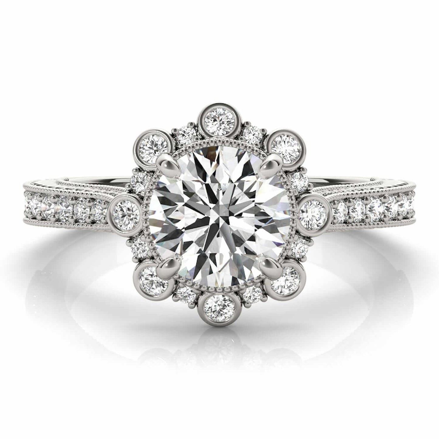 1.45CTW Lab Grown Diamond 18K Gold White Starburst Floral Halo Engagement Ring
