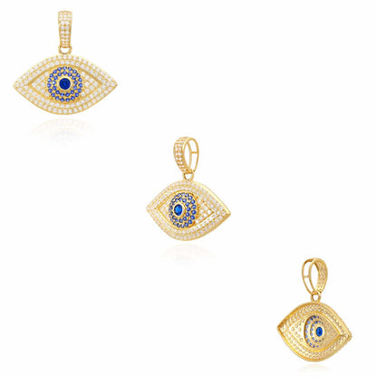 14K Yellow Gold CZ Sapphire Evil Eye Pendant 1.2"