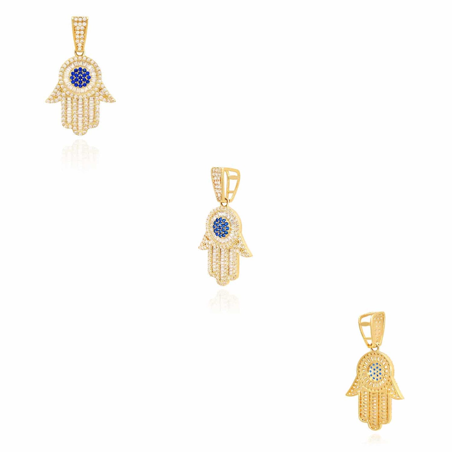 14K Yellow Gold Simulated Baguette Diamond Sapphire Hamsa Charm Pendant 1.6"