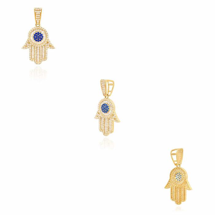 14K Yellow Gold CZ Baguette Sapphire Hamsa Pendant 1.6"