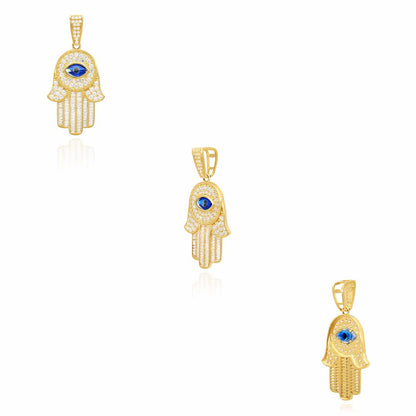 14K Yellow Gold CZ Sapphire Evil Eye Hamsa Hand Pendant 2"