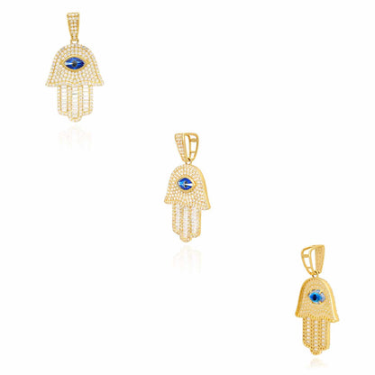 14K Yellow Gold CZ Sapphire Evil Eye Hamsa Hand Pendant 1.8"