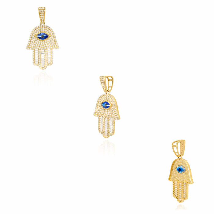 14K Yellow Gold CZ Sapphire Evil Eye Hamsa Hand Pendant 1.8"