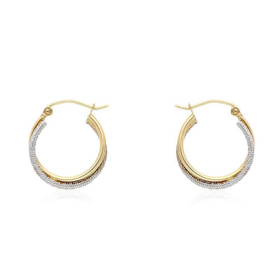 14k Yellow & White Gold Rope Textured Hinged Snapback Double Hoop Earrings