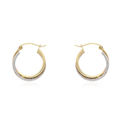 14k Yellow & White Gold Rope Textured Hinged Snapback Double Hoop Earrings