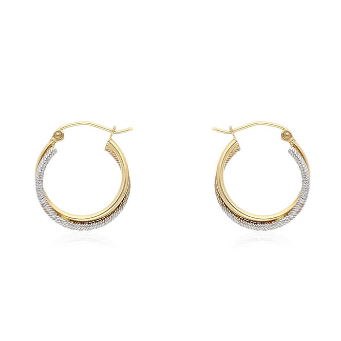 14k Yellow & White Gold Rope Textured Hinged Snapback Double Hoop Earrings