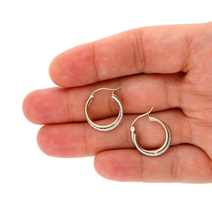 14k Yellow & White Gold Rope Textured Hinged Snapback Double Hoop Earrings