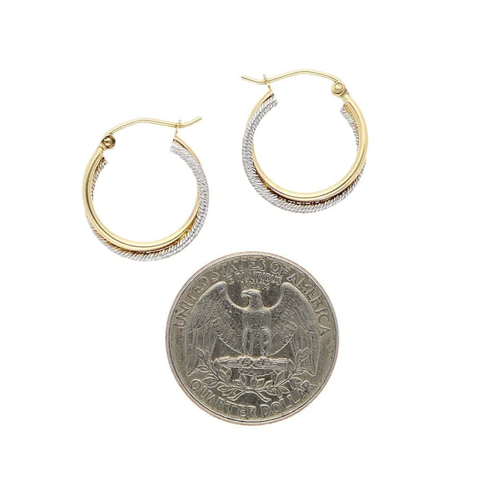 14k Yellow & White Gold Rope Textured Hinged Snapback Double Hoop Earrings
