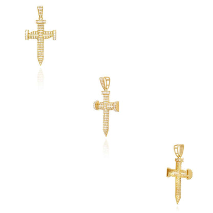 14K Yellow Gold Simulated Baguette Diamond Double Nail Cross Pendant 2.4"