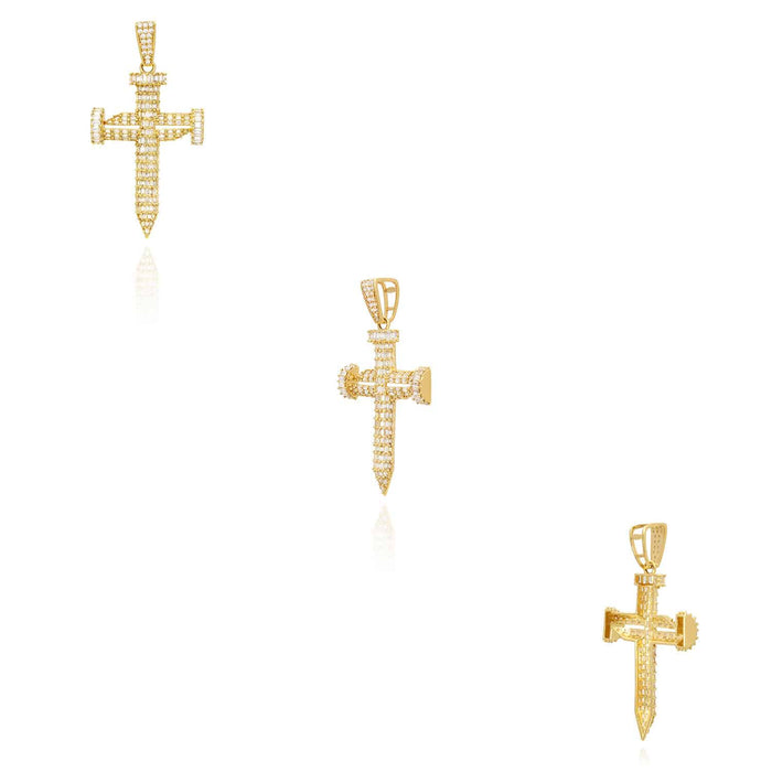 14K Yellow Gold Simulated Baguette Diamond Double Nail Cross Pendant 2.4"