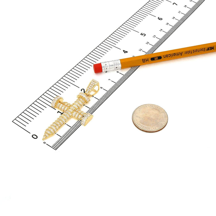 14K Yellow Gold Simulated Baguette Diamond Double Nail Cross Pendant 2.4"