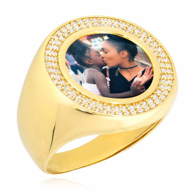 14K Yellow Gold CZ Personalized Photo Picture Memory Signet Ring