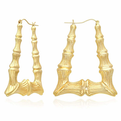10K Yellow Gold Rectangular Bamboo Hoop Earrings 50mm-60mm