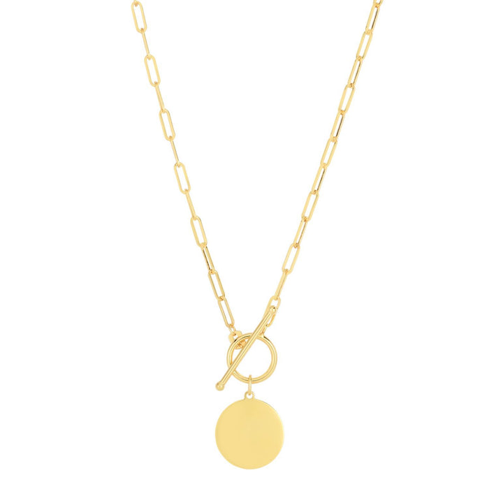 Engravable 14K Gold Personalized Disc Toggle Paperclip Necklace (Hollow) 18"