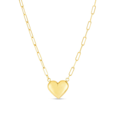 14K Yellow Gold Puffed Heart 2.5mm Paperclip Necklace (Hollow) 18"