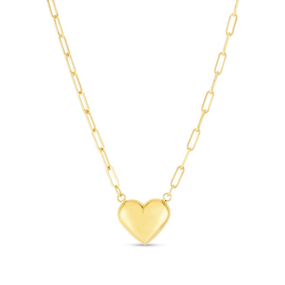 14K Yellow Gold Puffed Heart Pendant 2.5mm Paperclip Necklace 18"