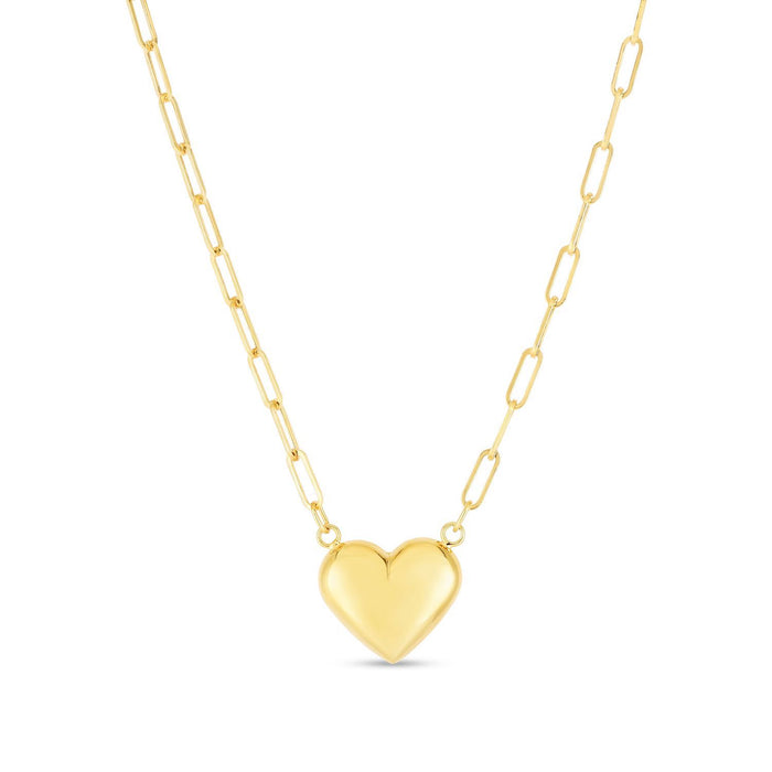 14K Yellow Gold Puffed Heart 2.5mm Paperclip Necklace (Hollow) 18"