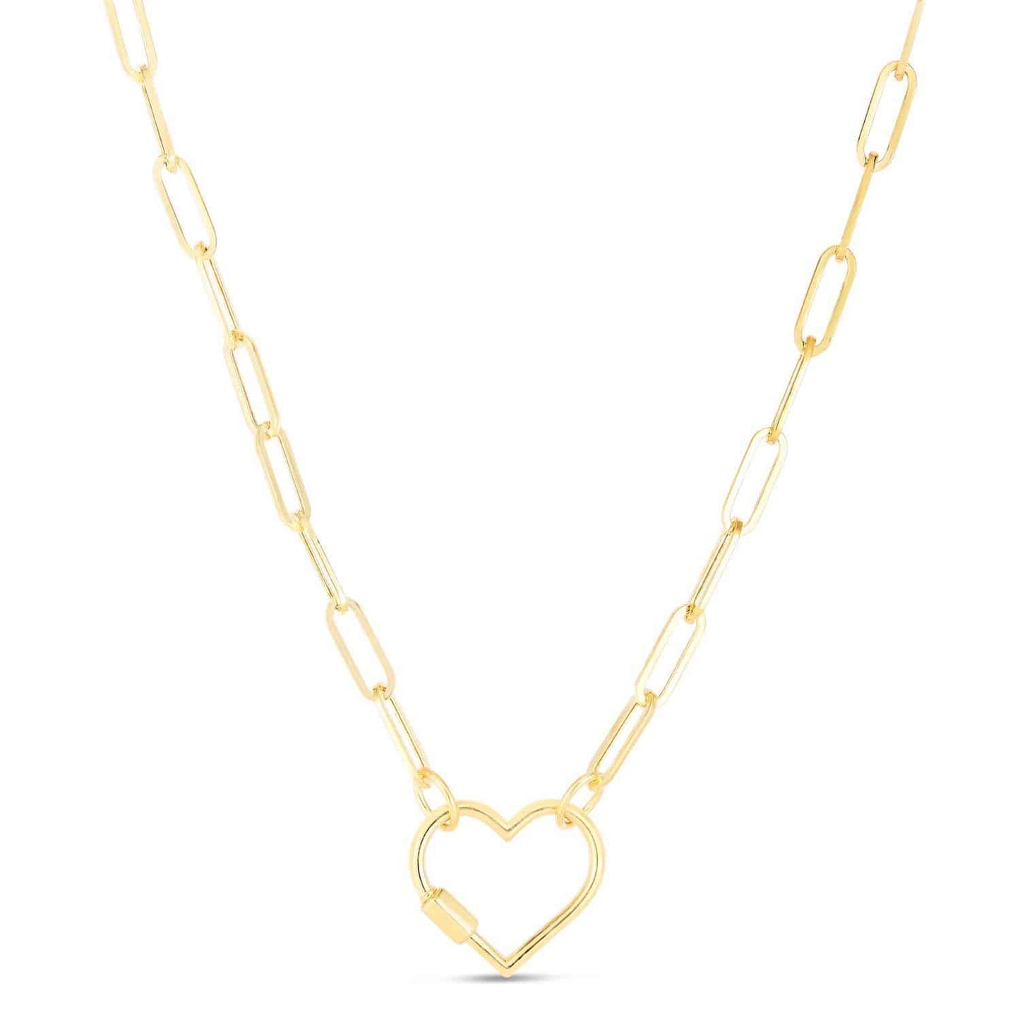 14K Real Gold Carabiner Heart Lock Pendant 4mm Paperclip Necklace 18"