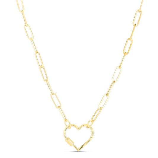 14K Real Gold Carabiner Heart Lock Pendant 4mm Paperclip Necklace 18"