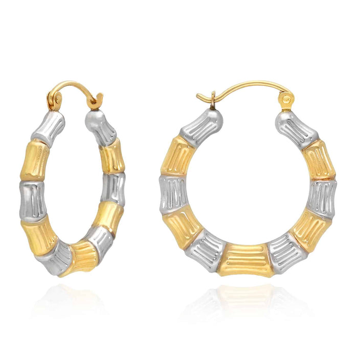 14K Gold Two-Tone Yellow White Bamboo Hoop Earrings 20mm