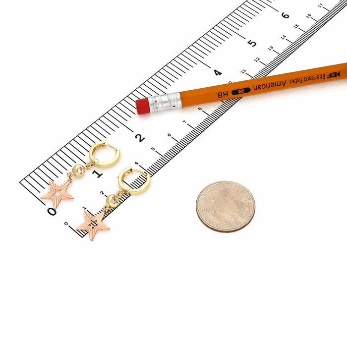 14K Yellow Rose Gold Drop Diamond-Cut Star Huggie Hoop Earrings 40mm