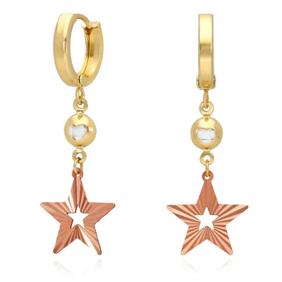 14K Yellow Rose Gold Drop Diamond-Cut Star Huggie Hoop Earrings 40mm