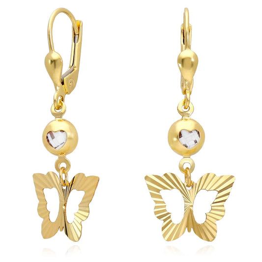 14K Yellow Gold  Heart Butterfly Leverback Earrings 35mm