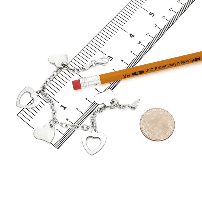 14K White Gold Rolo Hearts Charm Bracelet (Hollow) 7.5"