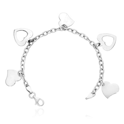 14K White Gold Rolo Hearts Charm Bracelet (Hollow) 7.5"