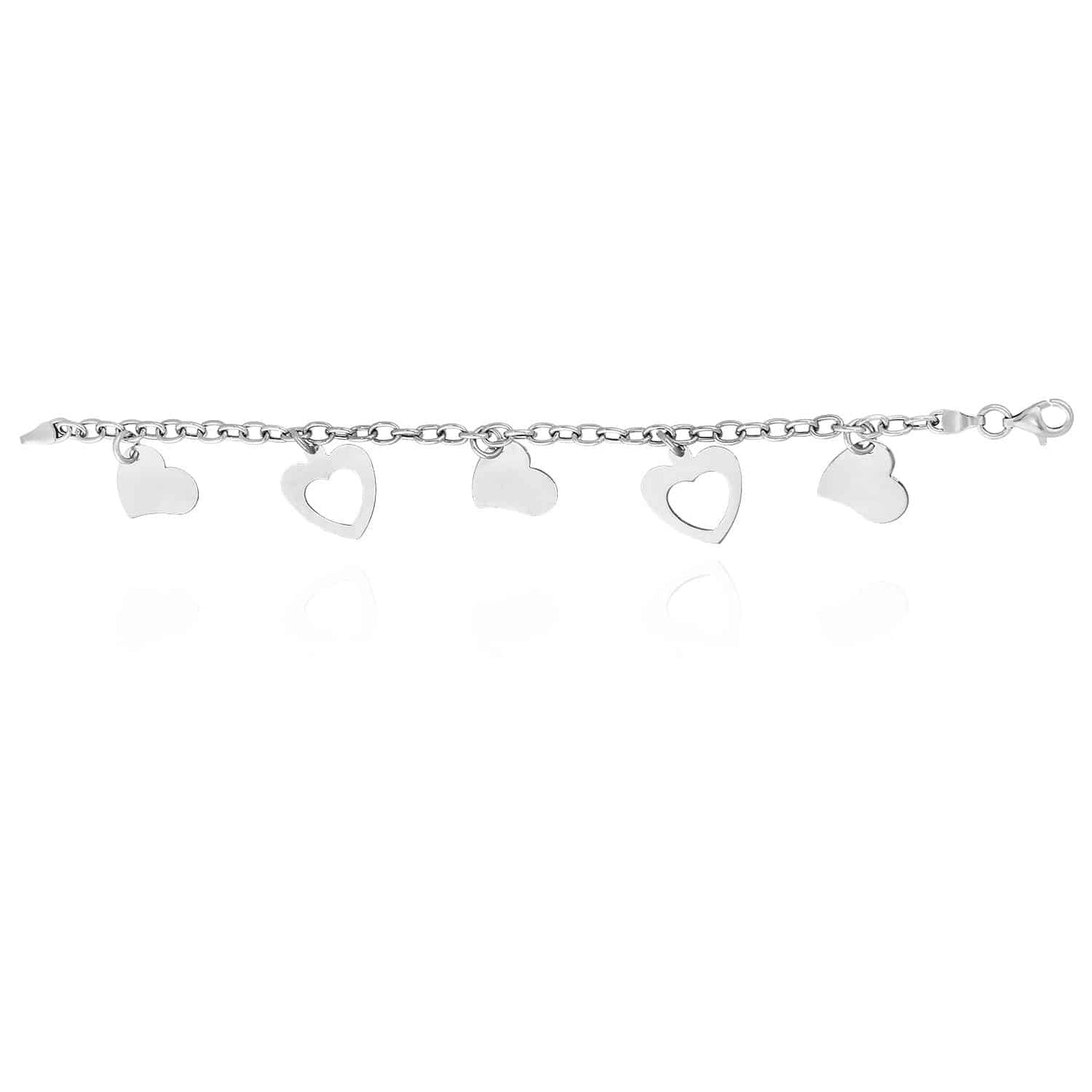 14K Gold White Rolo Hearts Charm Bracelet 7.5"