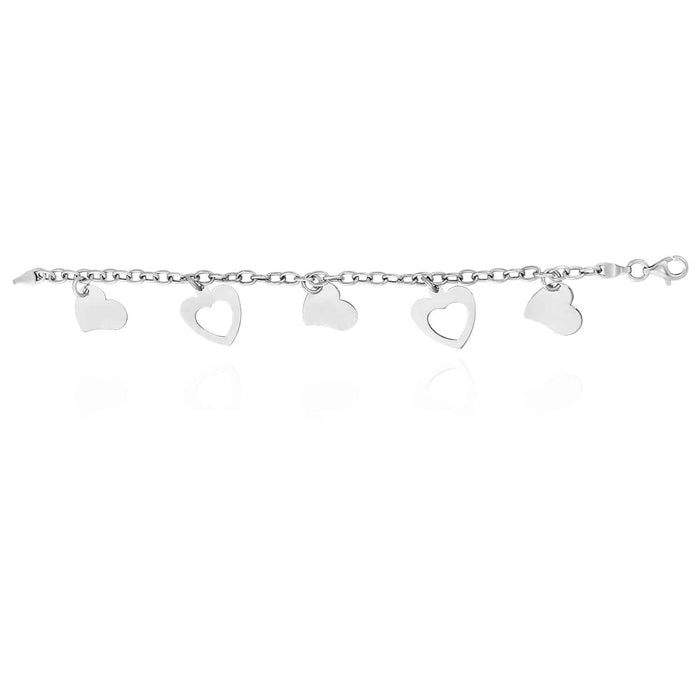 14K White Gold Rolo Hearts Charm Bracelet (Hollow) 7.5"