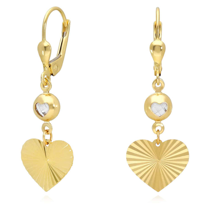 14K Yellow Gold CZ Diamond-Cut Heart Leverback Earrings 35mm
