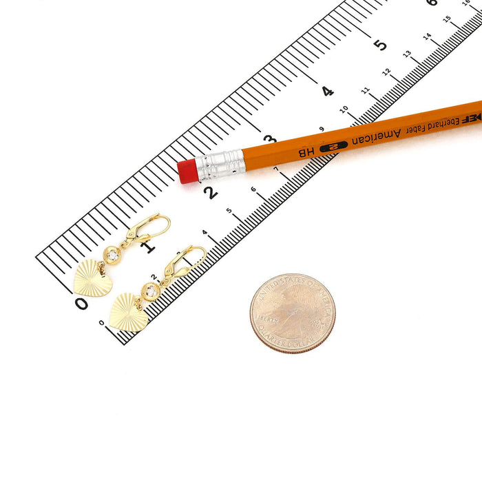 14K Yellow Gold CZ Diamond-Cut Heart Leverback Earrings 35mm