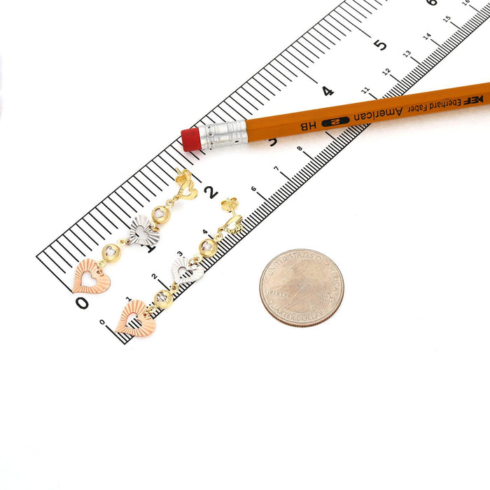 14K Gold Tri-Color Double Heart CZ Drop Earrings 35mm