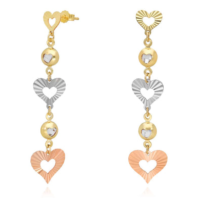 14K Gold Tri-Color Double Heart CZ Drop Earrings 35mm