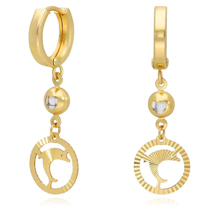14K Yellow Gold Drop Diamond-Cut Dolphin Huggie Hoop Earrings 12mm