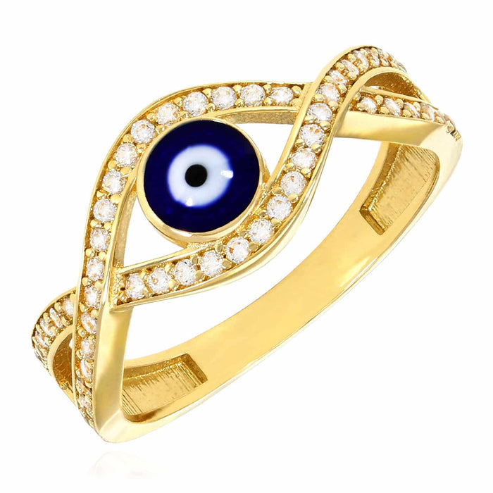 14K Yellow Gold CZ Evil Eye Infinity Ring