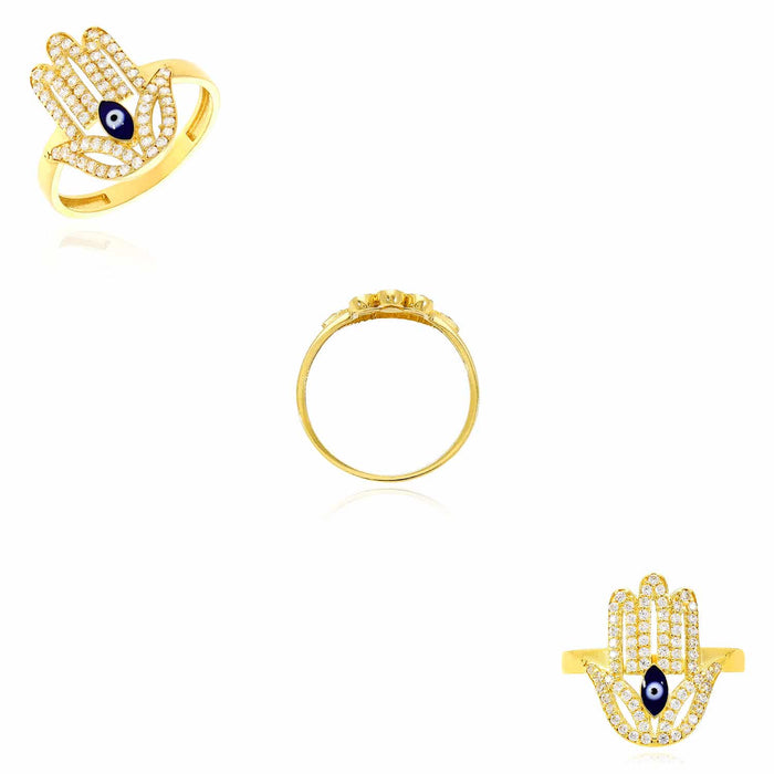 14K Yellow Gold CZ Evil Eye Hamsa Ring