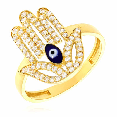 14K Yellow Gold CZ Evil Eye Hamsa Ring