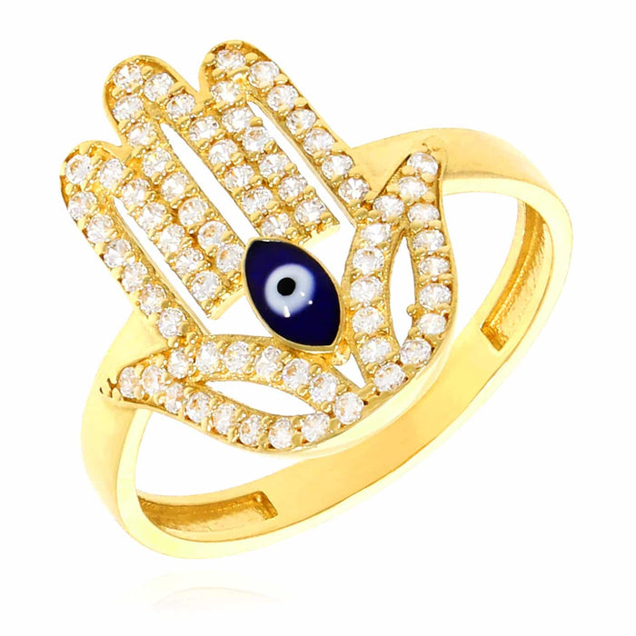 14K Yellow Gold CZ Evil Eye Hamsa Ring