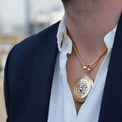 10K Yellow White Gold Medusa Head Round Hollow Medallion Pendant 1"-2.2"