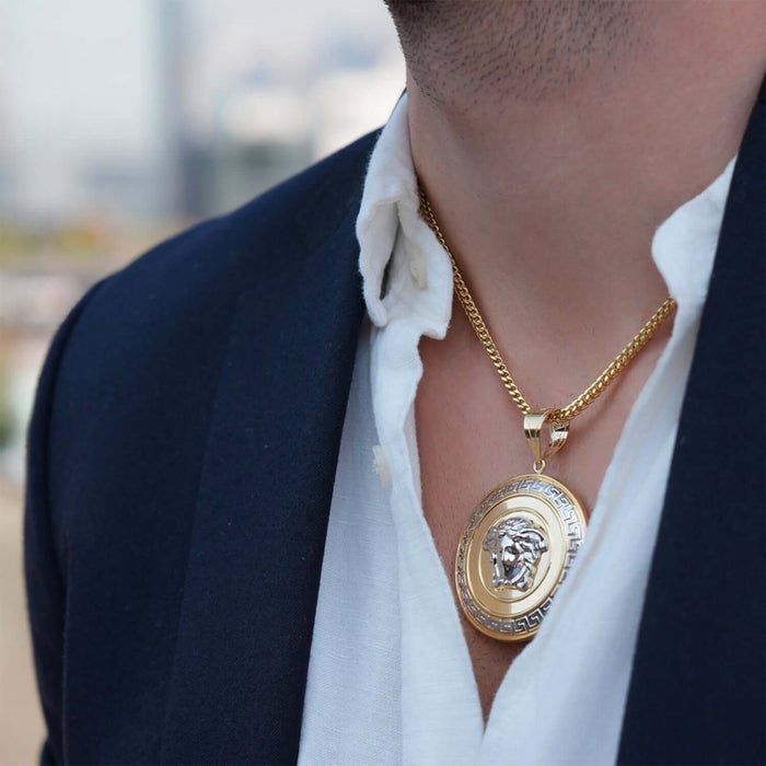 10K Yellow White Gold Medusa Head Round Hollow Medallion Pendant 1"-2.2"