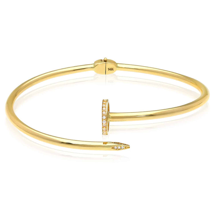 .30CTW CZ 14K Gold 3mm Nail Cuff Bangle Bracelet (Hollow) 6.25"-7.5"